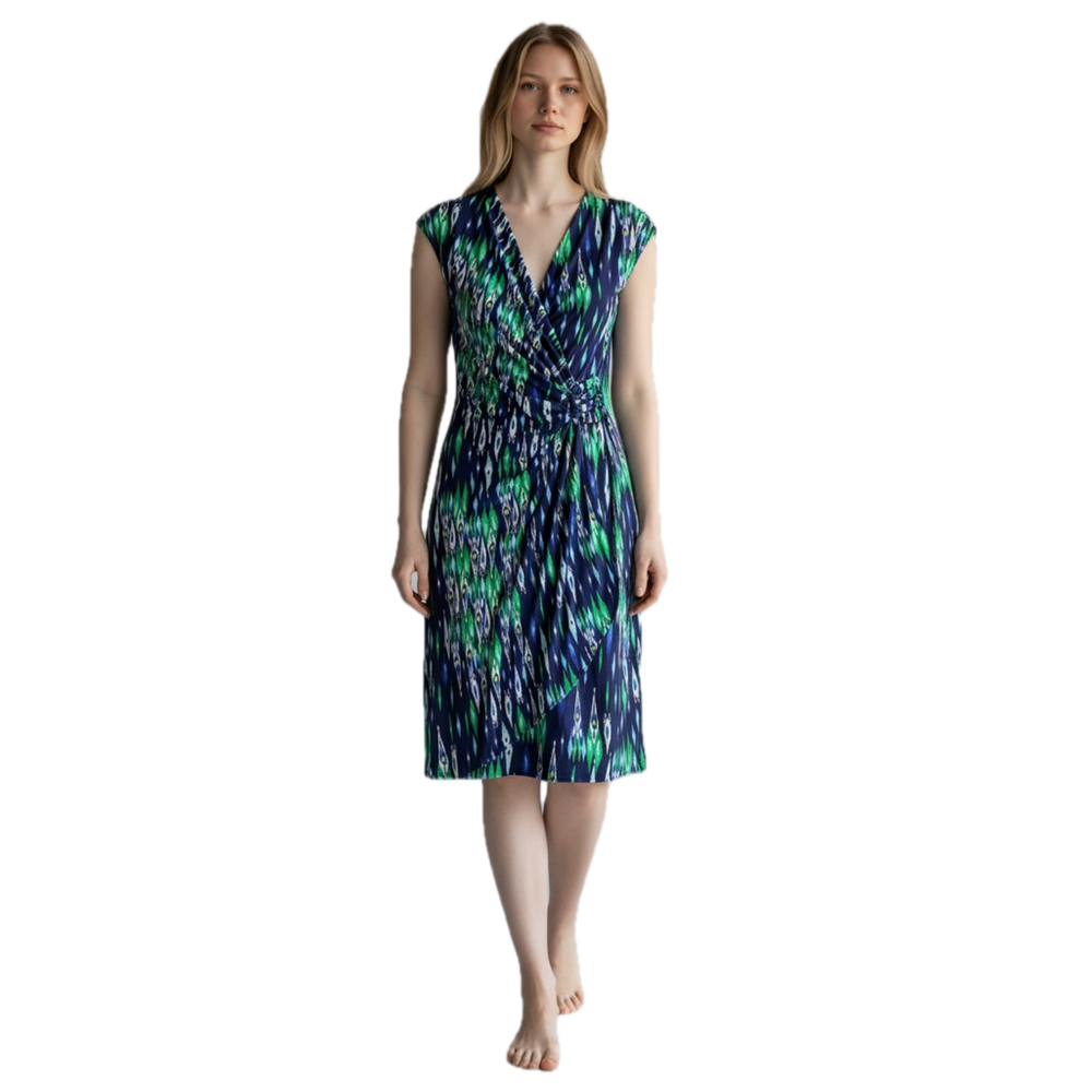 TOMMY BAHAMA WOMENS XS FAUX WRAP DRESS BLUE GREEN IKAT PRINT SLEEVELESS